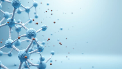 Glucagon-like peptide 1 molecule structure with a focus on its amino acid chain, highlighting blue beads representing nitrogen atoms and white lines illustrating bonds between them.