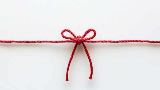 Close-up of a vibrant red string bow tied neatly on a white surface, symbolizing elegance and simplicity, ideal for creative projects, gifts, and decoration themes.
