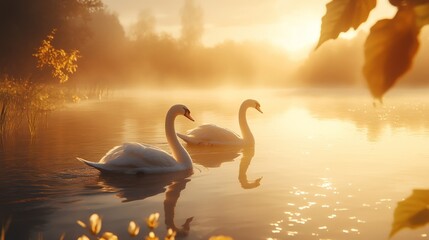 Fototapeta premium Two swans glide serenely on a golden lake at sunrise, bathed in warm sunlight. Misty morning atmosphere