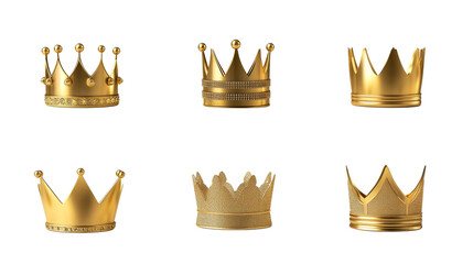 Collection of golden crowns on a black background, cut out transparent