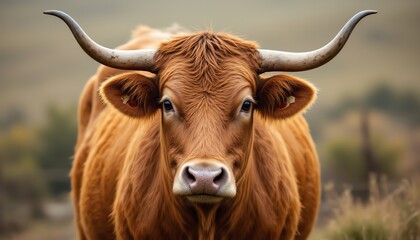Naklejka premium Close-up of a brown cow in a serene landscape.