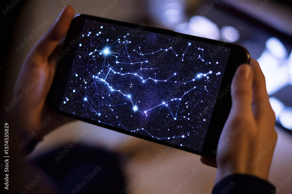 Aufkleber hands holding tablet displaying augmented reality constellations, offering interactive learning expe