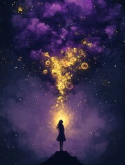 Fototapeta premium Serene girl silhouetted against a breathtaking night sky filled with golden gears and purple nebula, evoking wonder and dreams.