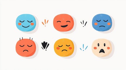 Obraz premium Colorful collection of hand-drawn emoticons showcasing various expressions like happiness, sadness, and surprise.