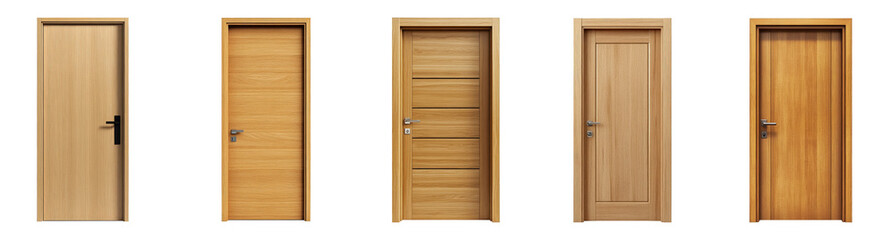 Set of modern wooden doors from flat lay view isolated on transparent background