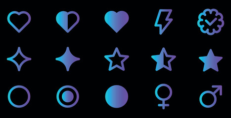 Set of different simple gradient stickers of hearts and stars, circles on black background. Stars and hearts, circles icons. Vector illustration