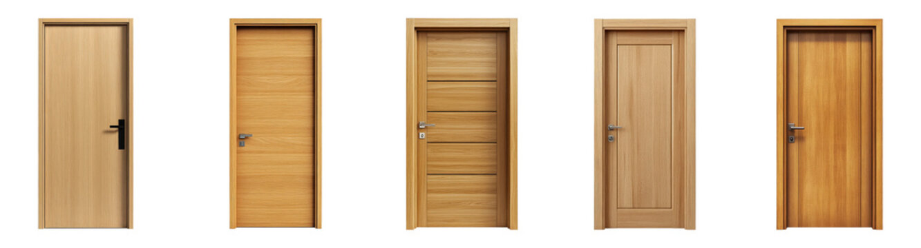 Set of modern wooden doors from flat lay view isolated on transparent background