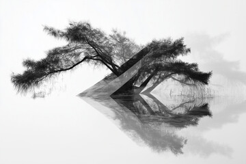 Fototapeta premium Tree Silhouette Reflected in Water Creates a Serene Minimalist Black and White Landscape
