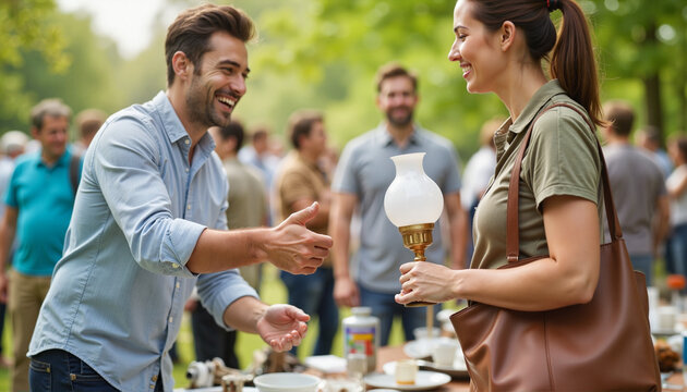 People enjoying a garage sale, exchanging smiles amid greenery  