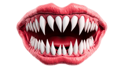 Creepy monster mouth with sharp teeth, sinister, cut out transparent