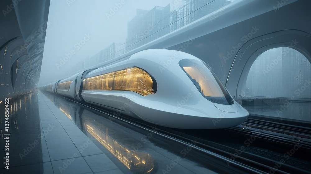 Poster a futuristic high speed maglev train rests on the tracks of a minimalist platform within a misty cit
