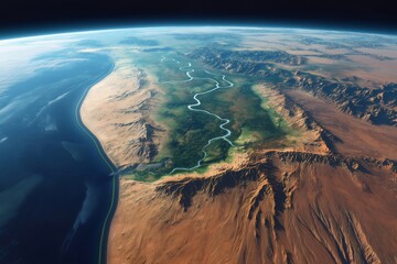 Aerial view of a terraformed Mars with lush green vegetation, a winding river system, and a vast ocean, depicting a habitable and transformed red planet