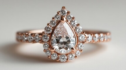 An elegant rose gold ring with a pear-shaped diamond surrounded by smaller diamonds, minimalistic white backdrop