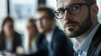 Businessman in a suit explaining an idea in a meeting