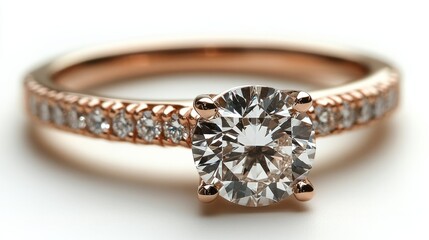 An elegant rose gold ring with a radiant round diamond, complemented by small diamonds along the band, glowing softly against white 