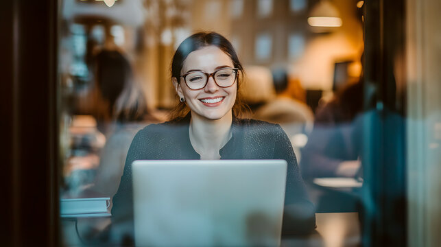 Woman smiling while typing on laptop, seen through glass reflection with blurred colleagues in background