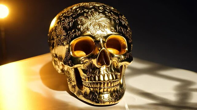 Golden skull with intricate floral patterns reflecting warm light