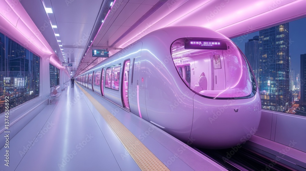 Leinwandbilder a sleek subway train waits at a colorful transit station illuminated by vibrant lighting. the statio