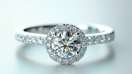 An elegant white gold band with a solitaire brilliant round diamond, surrounded by smaller diamonds on the band, soft white surface