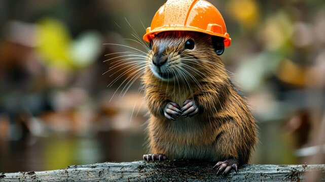 Adorable beaver wearing an orange hard hat on a log in autumn setting, 3d rendering