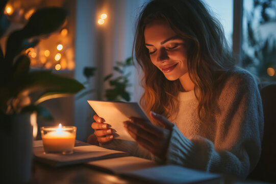 Smiling woman reading positive affirmations at night by the warm light of a candle, creating a cozy and peaceful atmosphere