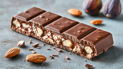 Delicious chocolate bar with almonds and fig pieces on a textured gray surface, showcasing its rich ingredients and enticing texture