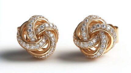 Naklejka premium Chic yellow gold earrings adorned with brilliant diamonds, isolated against a simple white backdrop 