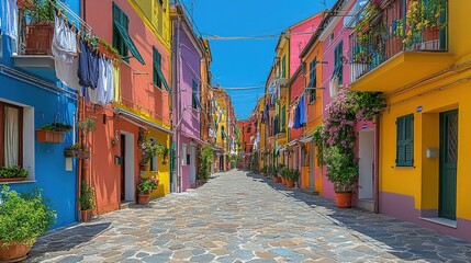 Fototapeta premium Vibrant, colorful Italian alleyway with clothes hanging on lines, showcasing architecture, flowers, and cobblestone street.