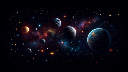 A mesmerizing view showcases multiple celestial bodies including planets, moons, and stars amidst a colorful galaxy. The vastness of space is highlighted by swirling cosmic colors and radiant lights