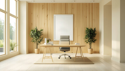 Modern executive office bathed in soft ambient lighting, featuring a large blank poster mockup. Chair and an artistic floor lamp casting subtle shadows.