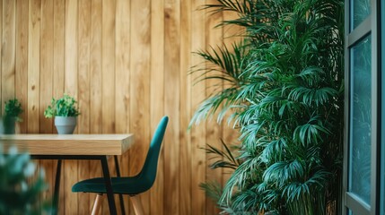 Obraz premium Cozy home office with wooden wall, ergonomic chair, and potted plant, showcasing modern and functional workspace design.