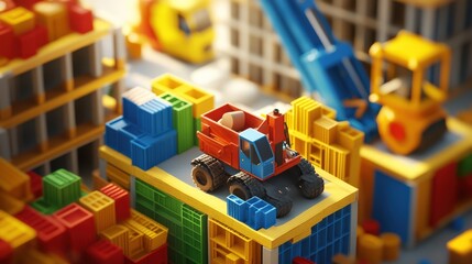 Fototapeta premium Colorful toy construction scene featuring a miniature loader on a vibrant stack of building blocks surrounded by various equipment and containers, ideal for children's projects.
