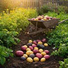organic multi-colored potato harvest in the garden in summer