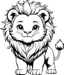 Black and white illustration of a lion, template, depicts a cute tiger cub with expressive eyes, chibi style. Coloring element.