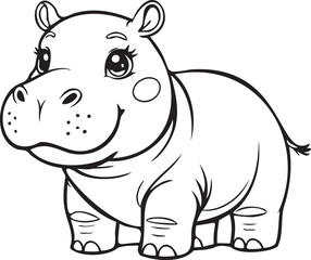 Black and white illustration hippopotamus template, depicts a cute baby tiger with expressive eyes, chibi style. Coloring element.