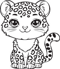 Black and white illustration leopard, sticker, depicts a cute tiger cub with expressive eyes, chibi style. Coloring element.