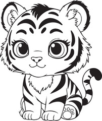 Black and white illustration of a tiger cub depicts a cute tiger cub with expressive eyes, chibi style. Coloring element.