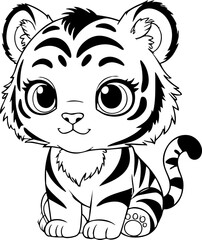 Black and white illustration of a tiger cub depicts a cute tiger cub with expressive eyes, chibi style. Coloring element.