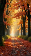 Fototapeta premium Autumn forest road with golden foliage and sun rays shining through the trees. Peaceful nature landscape in warm fall colors.