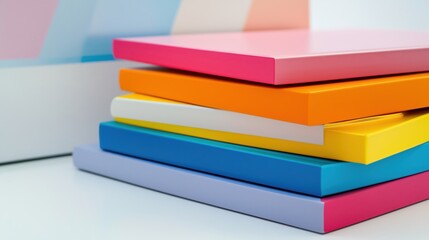 Fototapeta premium Colorful stack of notebooks arranged neatly on a white surface, capturing vibrant hues in a creative workspace setting