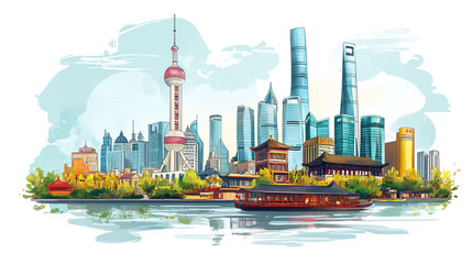 Obraz premium Shanghai Tourist Spot Illustration: Famous Landmarks, Cityscape Art, Travel Destination Poster, Vibrant Urban Scene, Chinese Culture, Travel Illustration. 