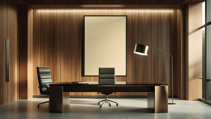 Modern executive office bathed in soft ambient lighting, featuring a large blank poster mockup. Chair and an artistic floor lamp casting subtle shadows.