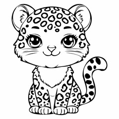Black and white illustration leopard,  depicts a cute tiger cub with expressive eyes, chibi style. Coloring element.