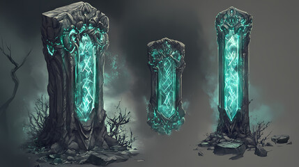 Smoky forest for crystal pillars. Rune-Covered Pillar. Illustration