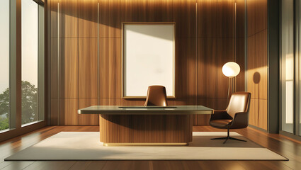Modern executive office bathed in soft ambient lighting, featuring a large blank poster mockup. Chair and an artistic floor lamp casting subtle shadows.