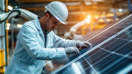 Technician inspects solar panel at renewable energy facility in the evening