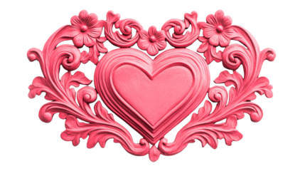 Intricate pink heart floral carving decor, love symbol, isolated, cut out transparent