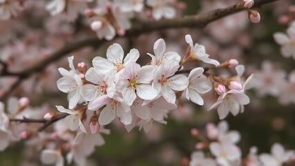 Obraz premium Cherry Blossoms: A close-up shot of delicate cherry blossoms, showcasing their soft pink petals in full bloom on a sunny spring day.
