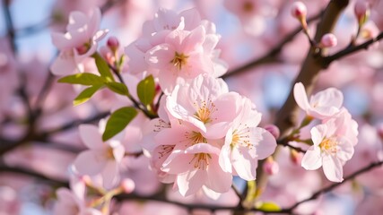 Obraz premium Cherry Blossom Beauty: Delicate pink cherry blossoms in full bloom on a sunny spring day. Witness the ephemeral beauty and renewal of nature.