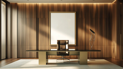 Modern executive office bathed in soft ambient lighting, featuring a large blank poster mockup. Chair and an artistic floor lamp casting subtle shadows.